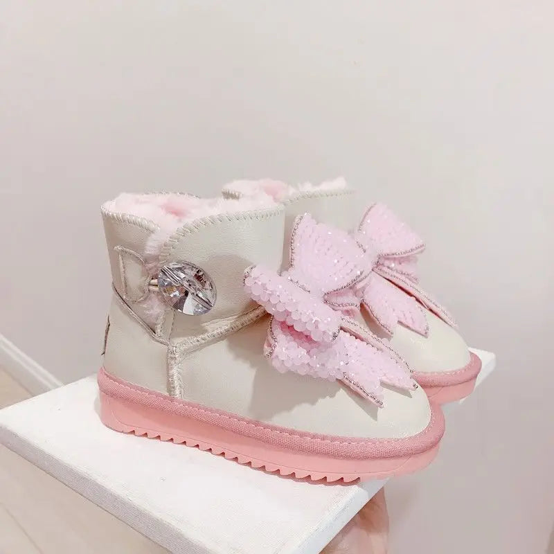 Girls Thermal Snow Boots Winter 2026 Pink Bow Crystal Ankle Boots Non Slip Warm