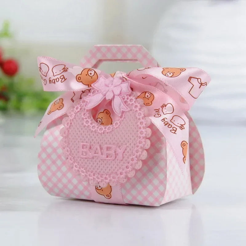 50Pcs Baby Celebration Candy Box DIY Baby Shower Party Gift Box Beautifully With Bib Tag And Ribbon Gift Packaging Box