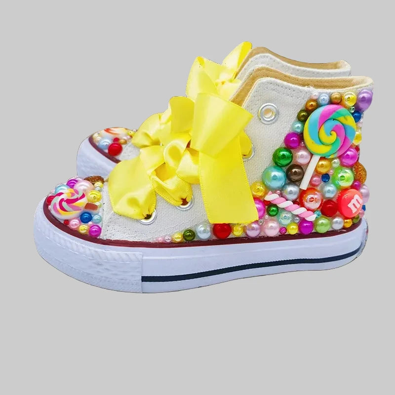 Girls' Rainbow Candy Bling Sneakers - Handmade Pearl Party Shoes
