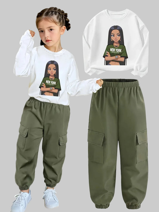 Girls Sweatshirt & Cargo Pants Set - Letter Print Streetwear Outfit