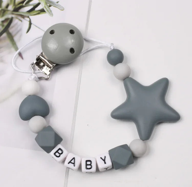Personalized Name Baby Handmade Pacifier Clips Silicone Safe Teething Chain Infant Pentagonal Star Gum Nipple Dummy Holder Clip