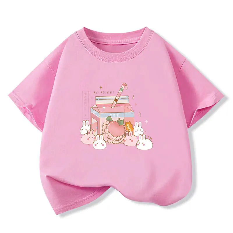 Girls Sweet Rabbit T-Shirt - Pink Cartoon Print - Kidnor