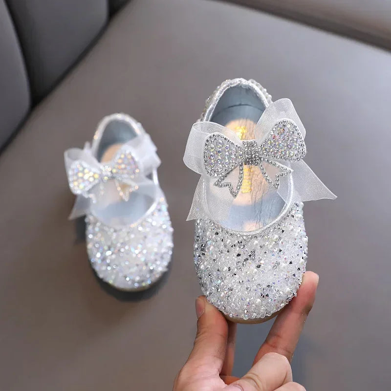 New Girls Princess Shoes Fashion Children's Bow Rhinestone Sequin Kids Shoes Baby Party Student Flat Performance Shoes H19