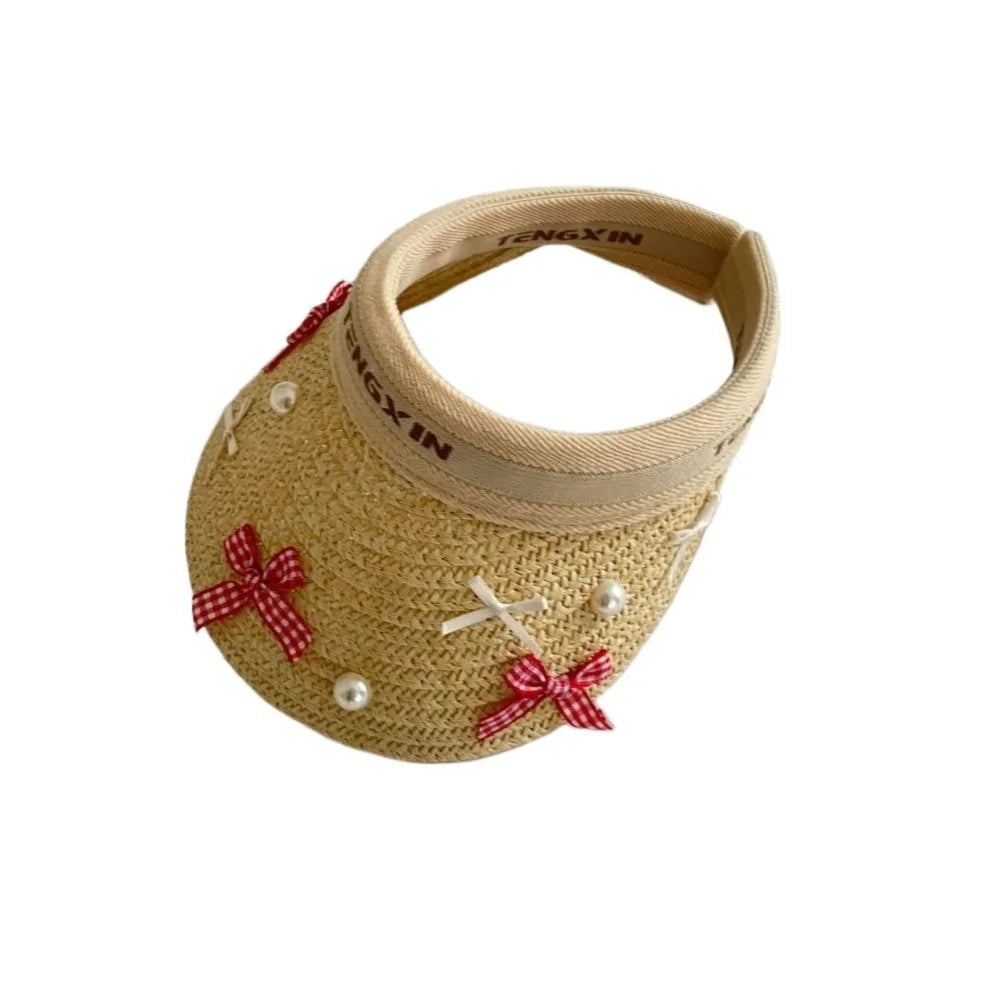 Kids Straw Sun Hat with Bowknot - Wide Brim UV Protection Beach Visor