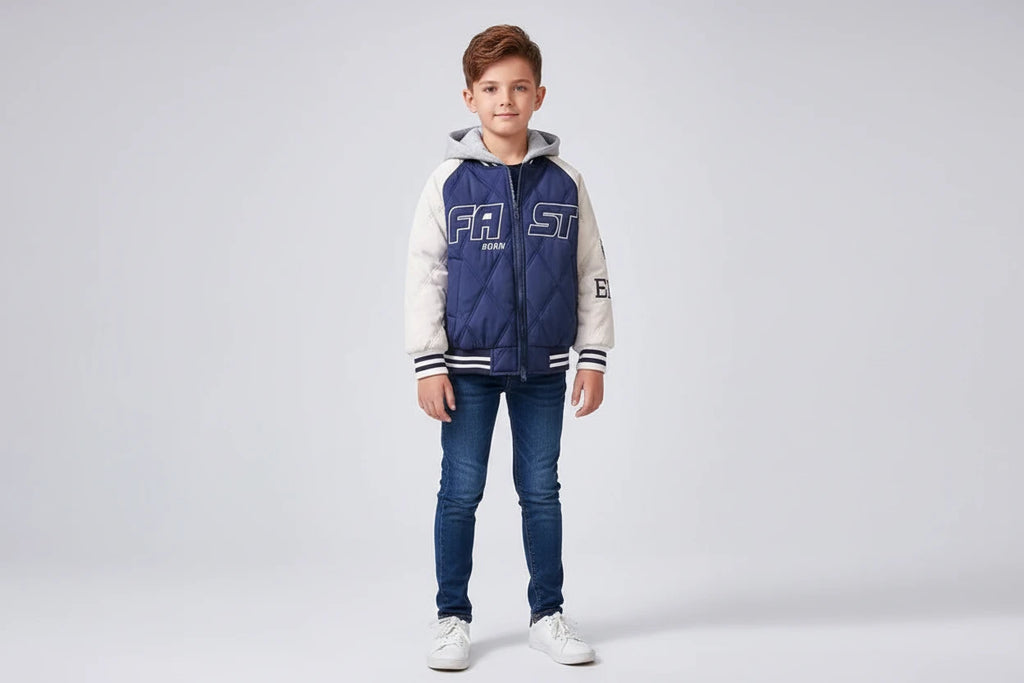 Boys' Hooded Baseball Jacket - Thick Cotton Winter Coat with Letter Print
