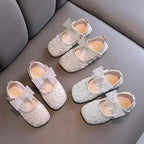 New Girls Princess Shoes Fashion Children's Bow Rhinestone Sequin Kids Shoes Baby Party Student Flat Performance Shoes H19