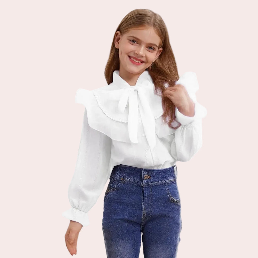 Girls' Korean Style Ruffle Collar Shirt - White Long Sleeve Top