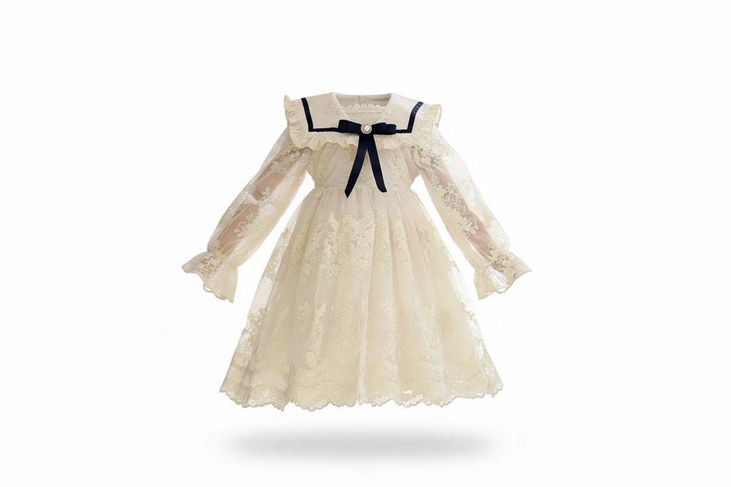 Girls' Sailor Collar Princess Dress - Chiffon Bow Party Dress Ages 4-6