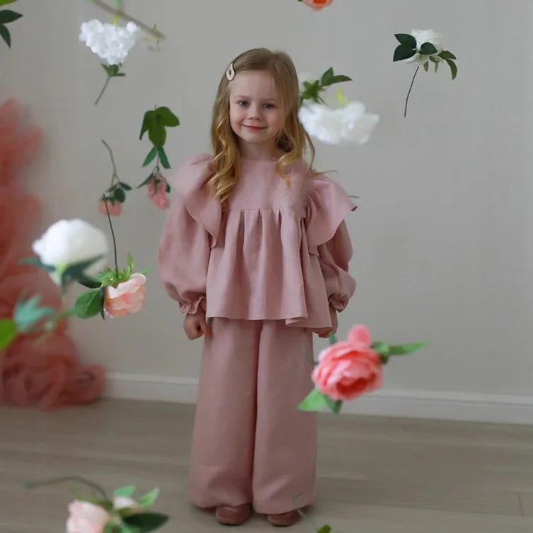 Russisches Frühlings- und Herbst-Set für Mädchen: Leinenbluse mit Rüschen im amerikanischen Stil, Hose mit neun Beinen, zweiteilig