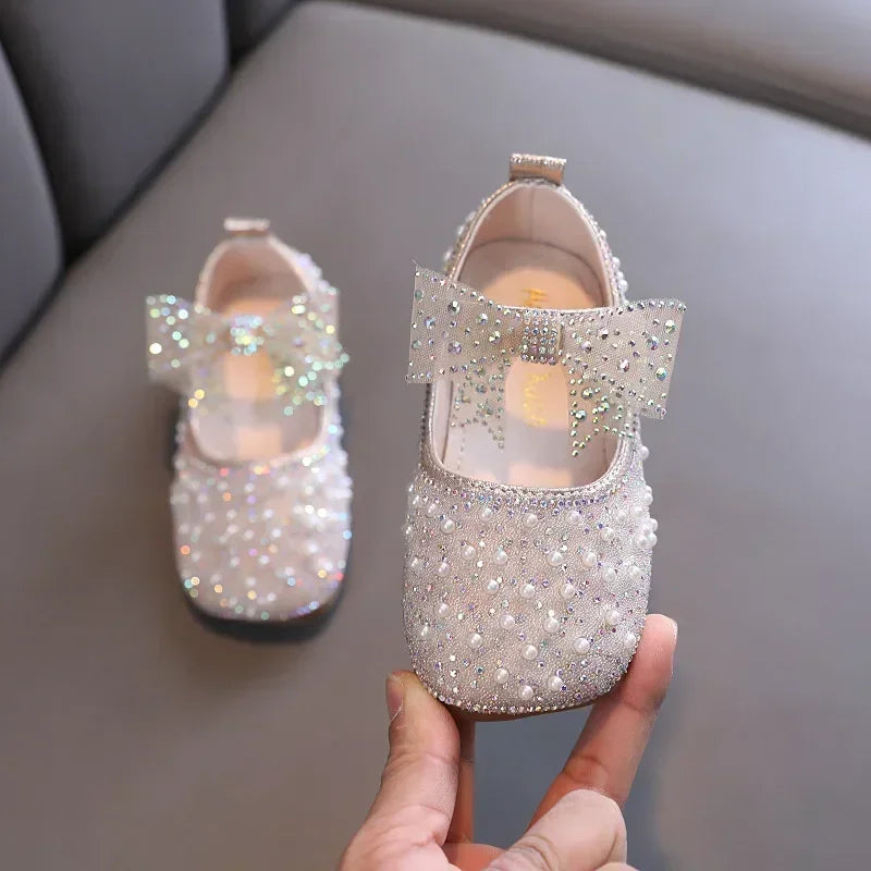 New Girls Princess Shoes Fashion Children's Bow Rhinestone Sequin Kids Shoes Baby Party Student Flat Performance Shoes H19