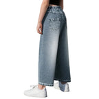 Girls' Wide Leg Butterfly Print Jeans - Elastic Waist Casual Pants
