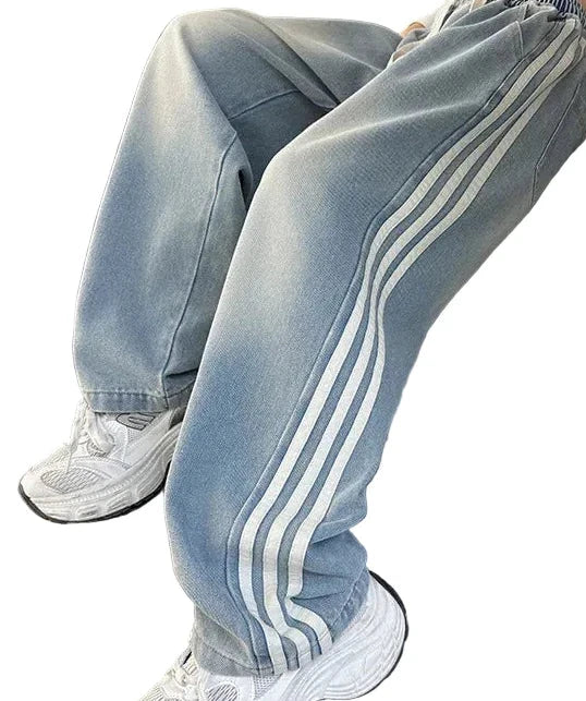 Girls' Striped Wide Leg Jeans - Korean Style Spring Pants