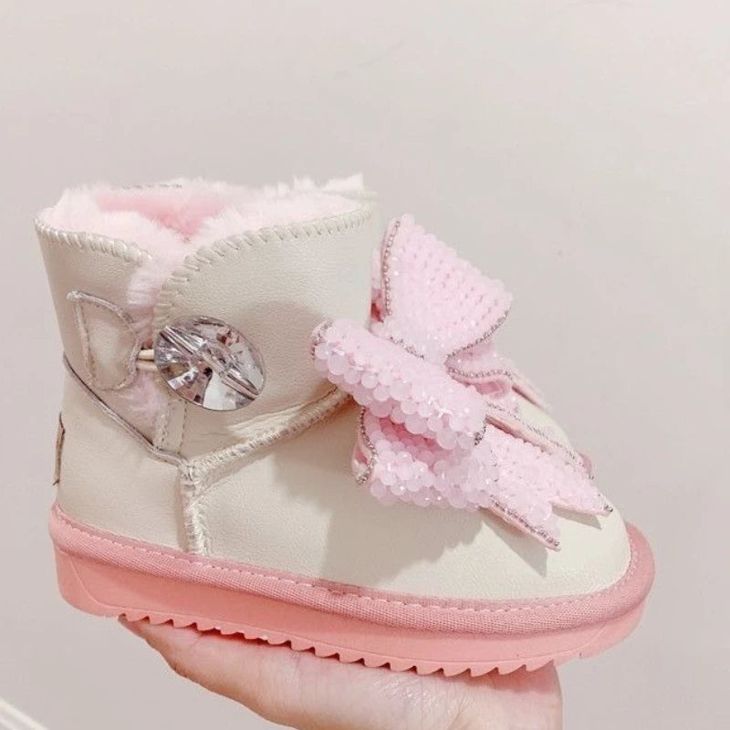 Girls Thermal Snow Boots Winter 2026 Pink Bow Crystal Ankle Boots Non Slip Warm