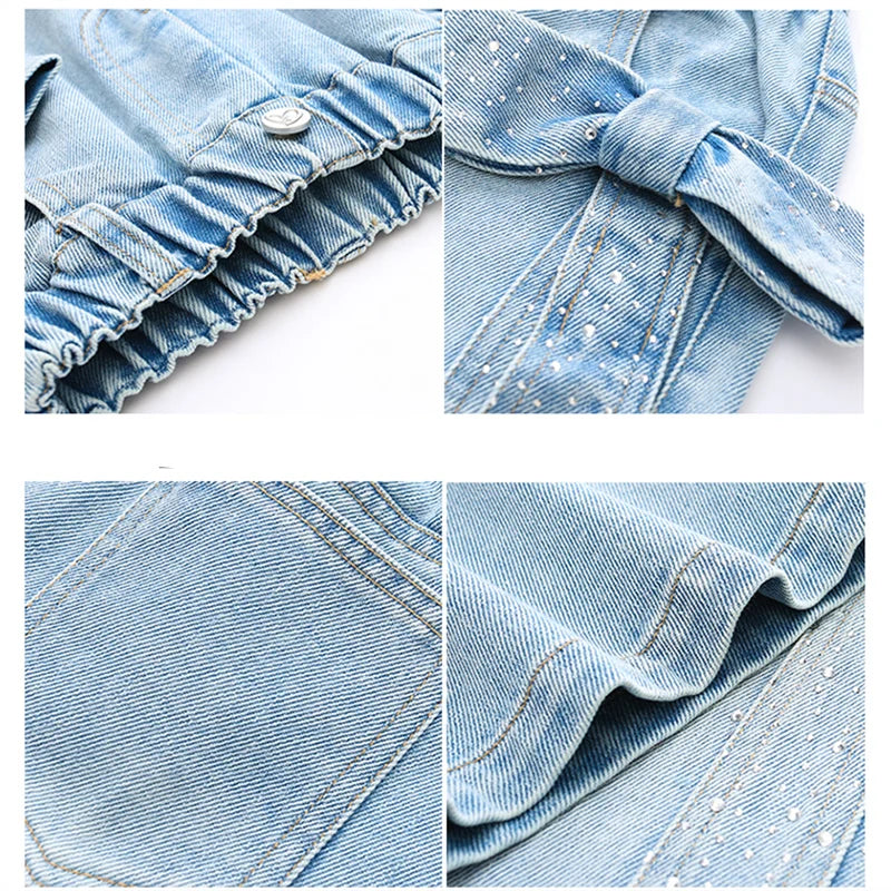 Modische Kinder-Jeans im Streetstyle mit geradem Bein und großer Schleife an der Seite, Strass-Jeans für Mädchen, Schleifenhose