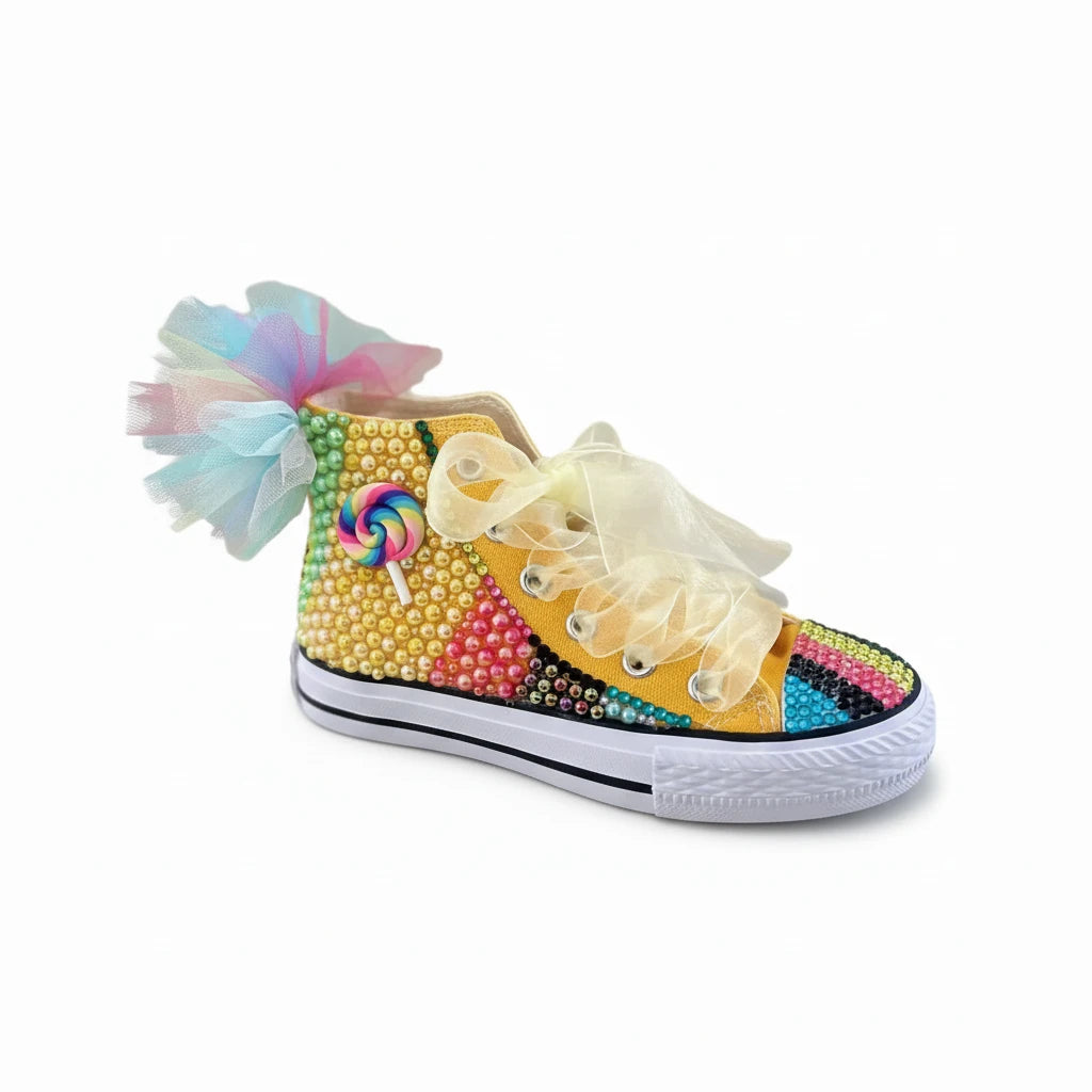 Girls' Rainbow Candy Bling Sneakers - Handmade Pearl Party Shoes