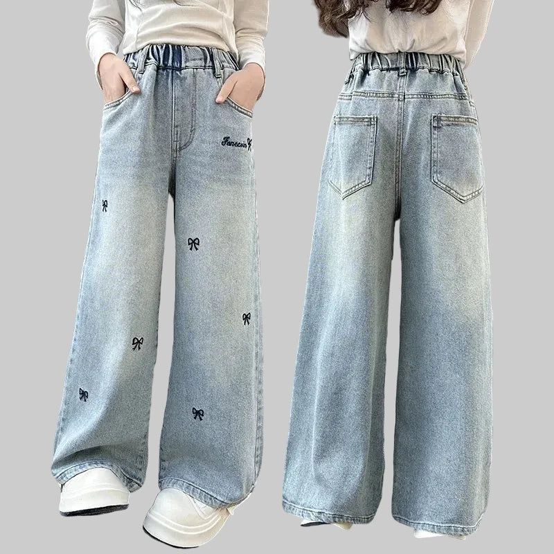 Girls' Bow Tie Wide Leg Jeans - Casual Loose Trousers for Teens