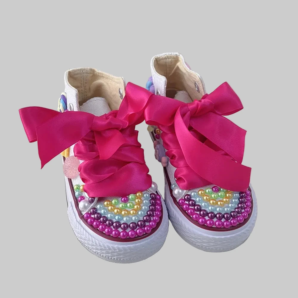 Girls' Rainbow Candy Bling Sneakers - Handmade Pearl Party Shoes