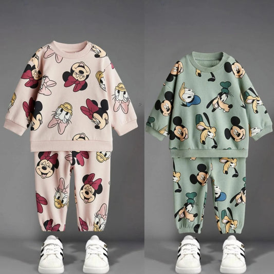 Kids’ Long Sleeve Tracksuit – Full Print Minnie & Mickey, Spring/Autumn Two-Piece Set for Boys & Girls.