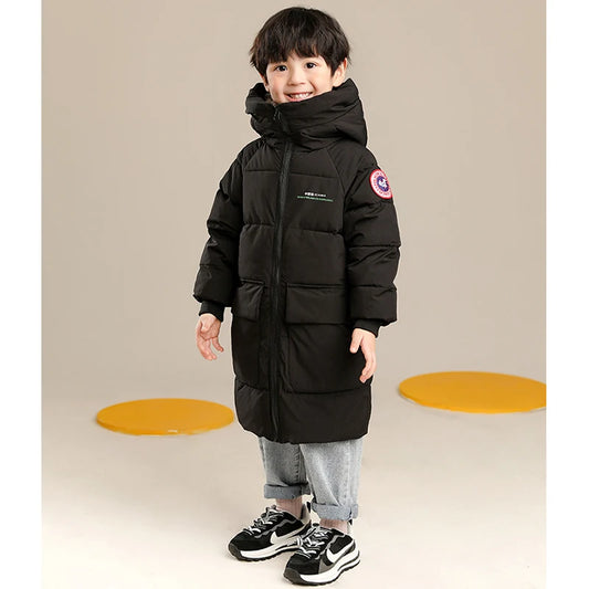 Boys’ Autumn/Winter Jacket – Solid Color, Long Hooded Coat, Warm & Cozy