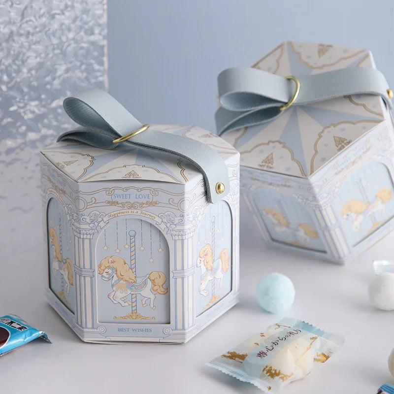 10pcs Gift Box Packaging Baby Shower Kids Birthday Favors Snack Food Candy Cookies Boxes Blue Pink Carousel Bride Party Supplies