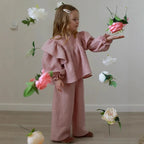 Girls Linen Ruffle Blouse & Pants Set - 2-Piece Spring Autumn Outfit