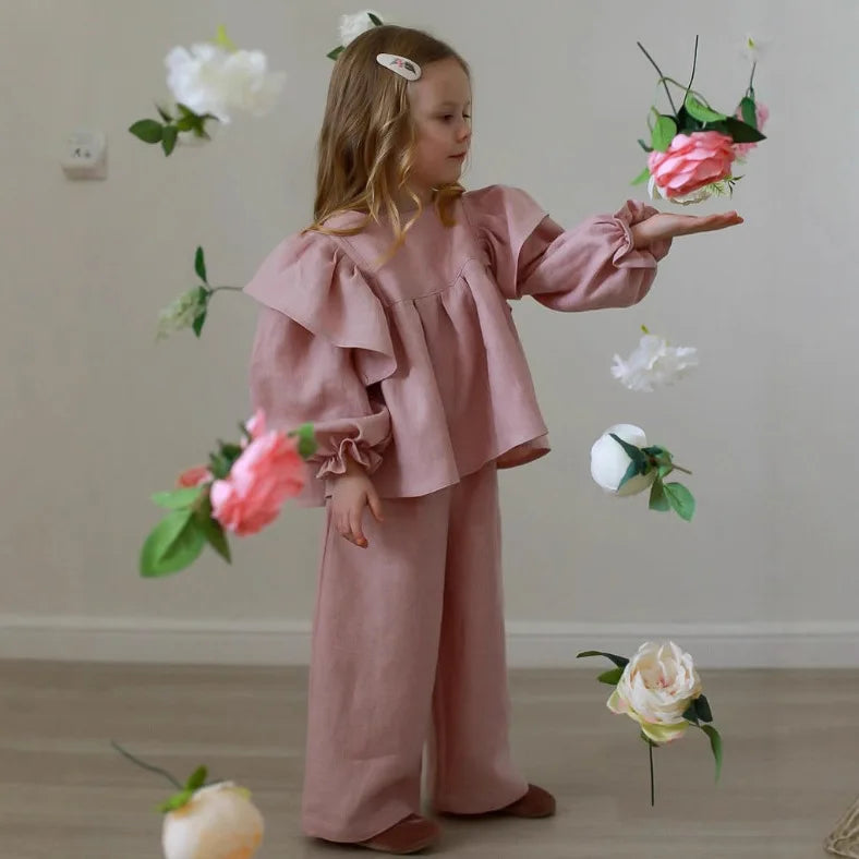 Russisches Frühlings- und Herbst-Set für Mädchen: Leinenbluse mit Rüschen im amerikanischen Stil, Hose mit neun Beinen, zweiteilig