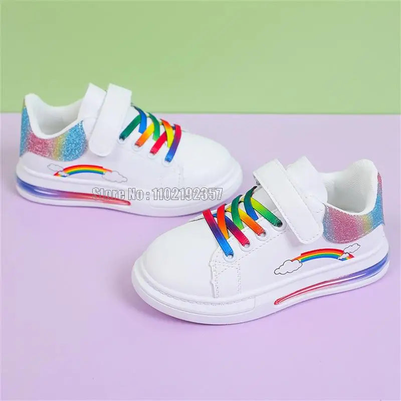 Girls' Rainbow Air Cushion Sneakers - PU Leather Casual Shoes Ages 2-12