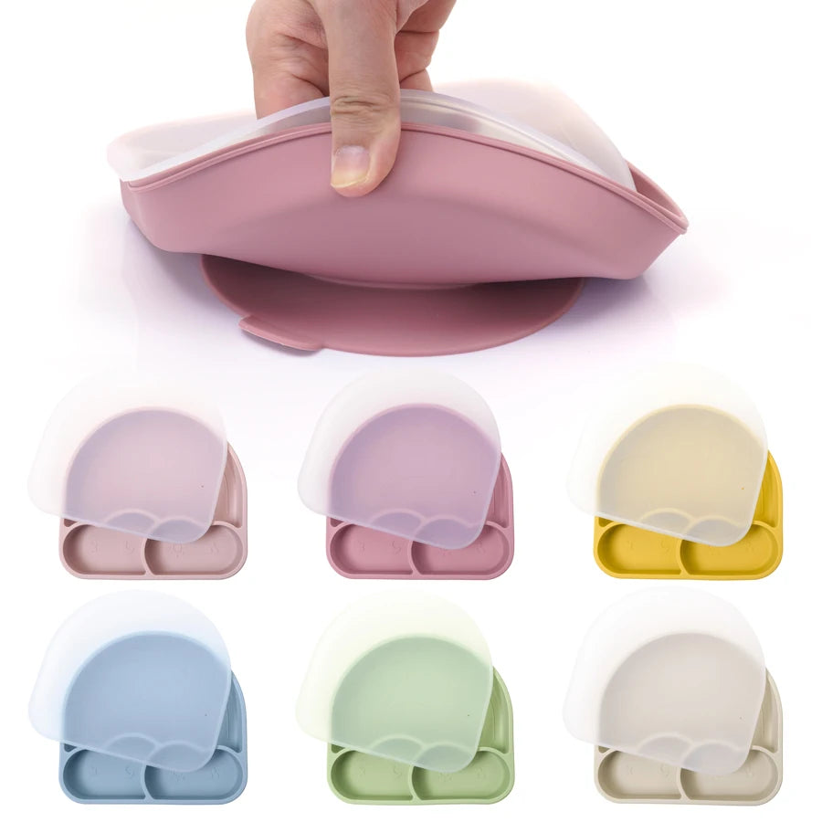 New Design Baby Safe Silicone Dining Plate With Lid Solid Cute Cartoon Children Dishes Suction Toddle Training Tableware