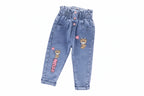 Girls' Cat Print High Waist Jeans - Elastic Waist Denim Pants Ages 1-6