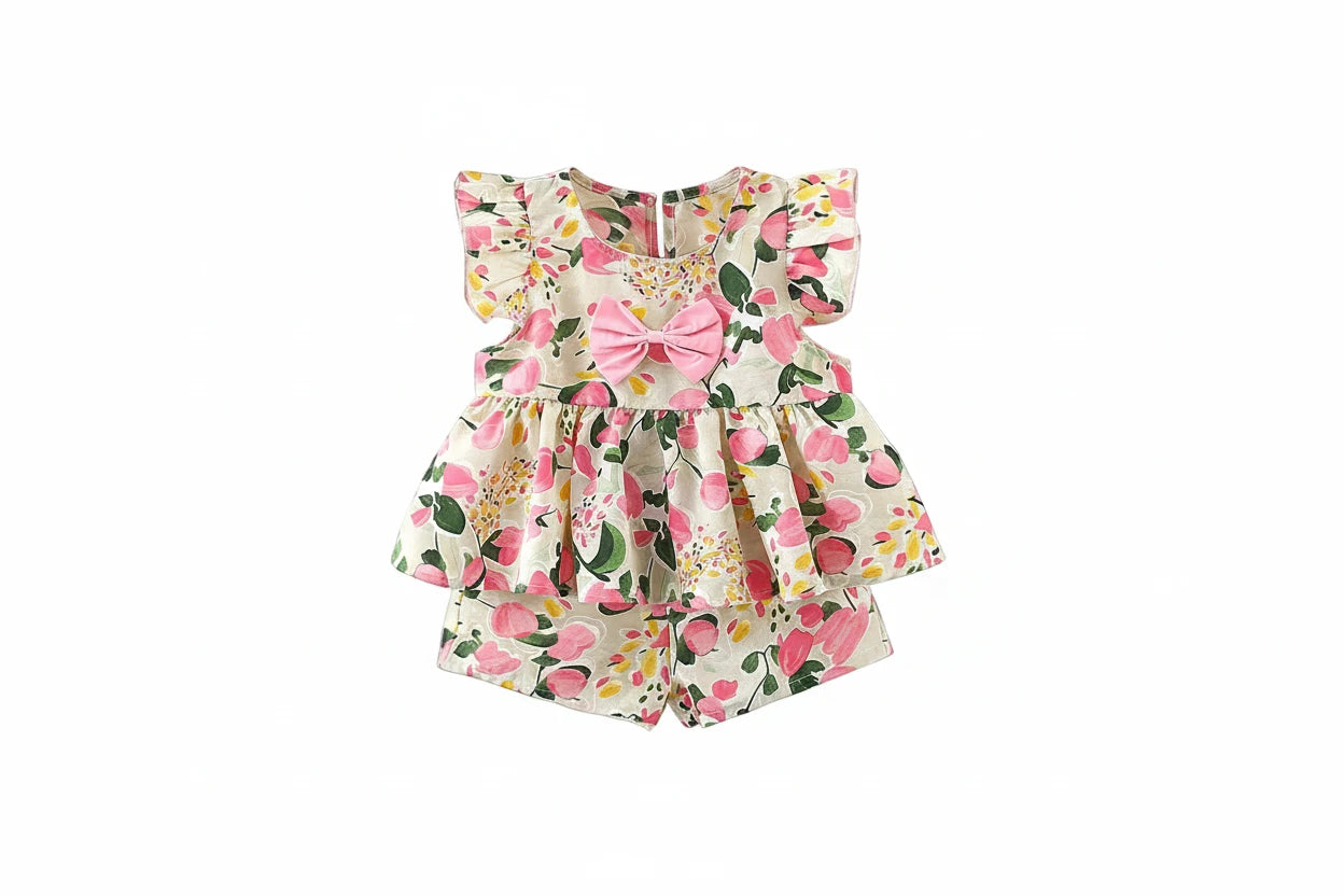 Baby Girl Floral Top & Shorts Set - Cotton Summer Outfit with Bow
