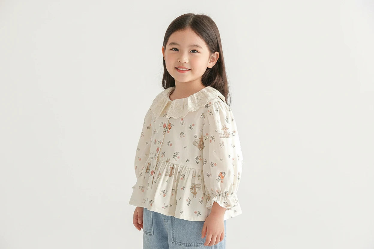 Girls’ Floral Cotton Blouse – Long Sleeve Spring Top