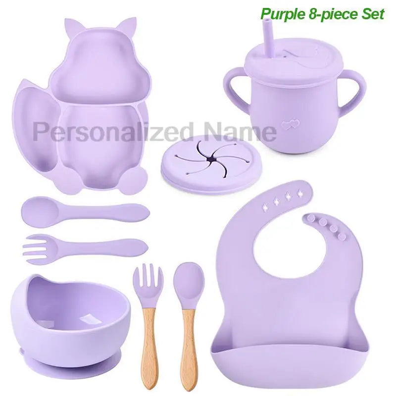 Personalized Name Silicone Tableware Set For Kids 8Pcs Baby Solid Feeding Set Squirrel Plate Dishes Sucker Bowl Bib Newborn Gift