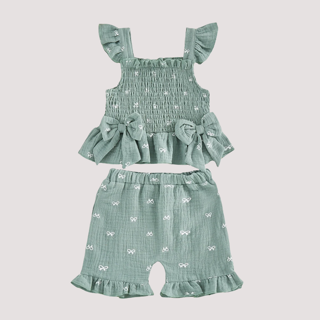 Bow Print Square Neck Top and Shorts Set - Kidnor