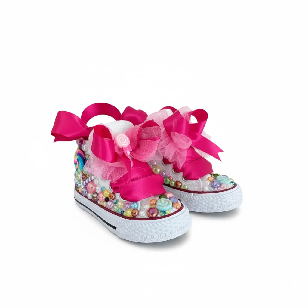 Girls' Rainbow Candy Bling Sneakers - Handmade Pearl Party Shoes
