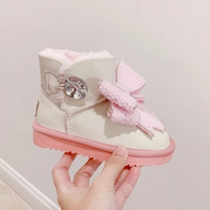 Girls Thermal Snow Boots Winter 2026 Pink Bow Crystal Ankle Boots Non Slip Warm