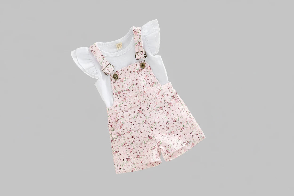 Girls' Summer Outfit Set - Floral Suspender Shorts & Top 2-Piece