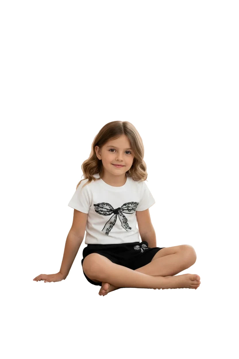 Girls White Tee & Black Shorts Set - Lace Bow 2-Piece Outfit