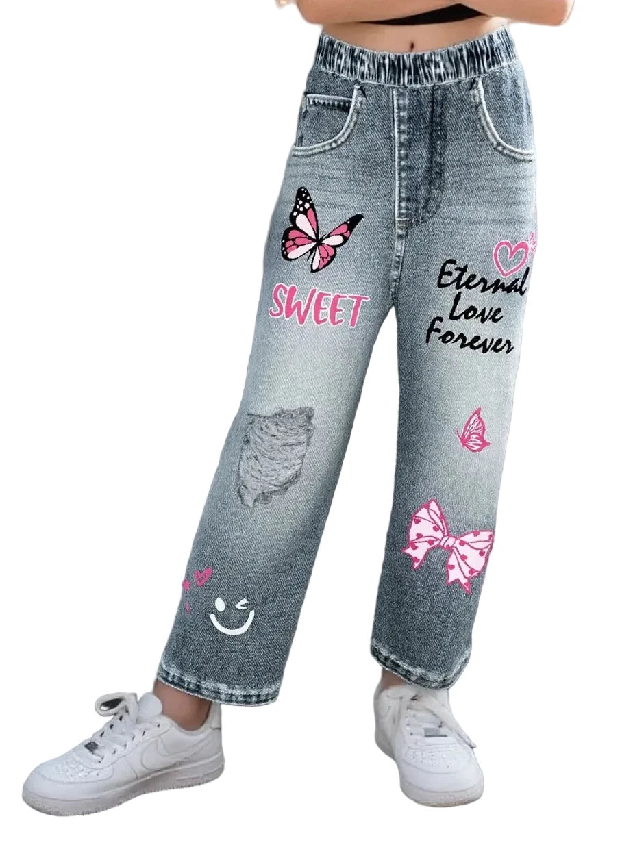 Girls' Wide Leg Butterfly Print Jeans - Elastic Waist Casual Pants