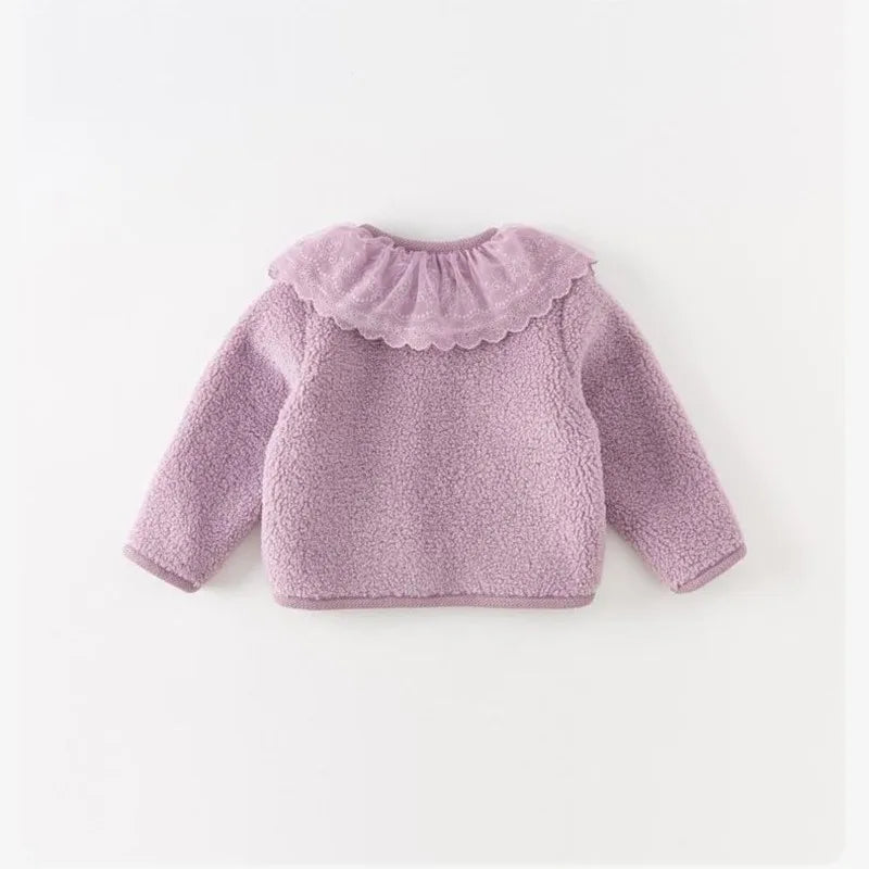 Baby Girls' Faux Fur Winter Coat - Lace Collar Warm Cardigan Jacket