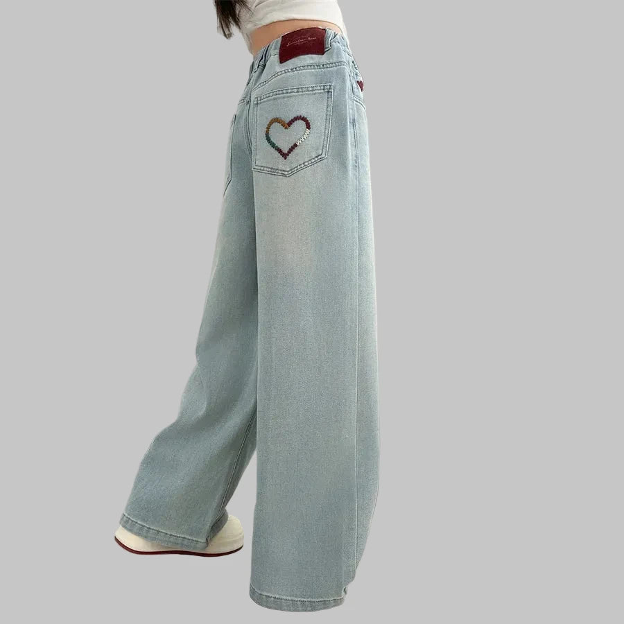 Girls' Y2K Streetwear Jeans - Heart Embroidery Harajuku Denim Pants