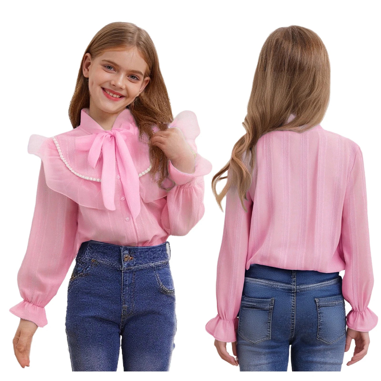 Girls' Korean Style Ruffle Collar Shirt - White Long Sleeve Top
