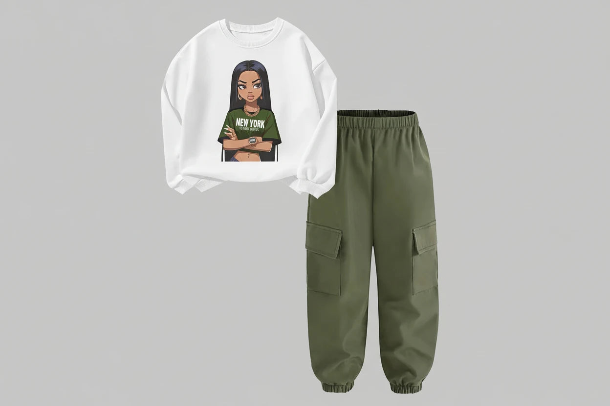 Set de bluză și pantaloni cargo pentru fete - ținută streetwear cu imprimeu de litere