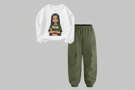 Girls Sweatshirt & Cargo Pants Set - Letter Print Streetwear Outfit