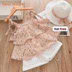 Bear Leader Girls Clothing Sets 2025 Summer Kids Clothes Floral Chiffon Halter+Embroidered Shorts Straw Children Clothing