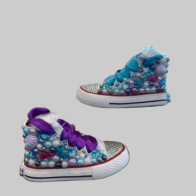 Girls' Rainbow Candy Bling Sneakers - Handmade Pearl Party Shoes