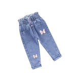 Girls' Cat Print High Waist Jeans - Elastic Waist Denim Pants Ages 1-6