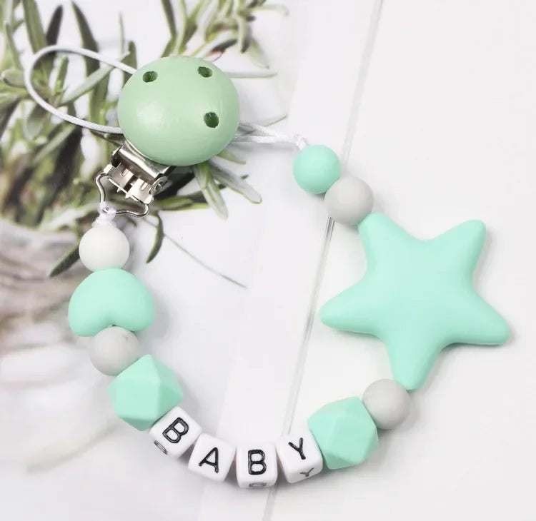 Personalized Name Baby Handmade Pacifier Clips Silicone Safe Teething Chain Infant Pentagonal Star Gum Nipple Dummy Holder Clip
