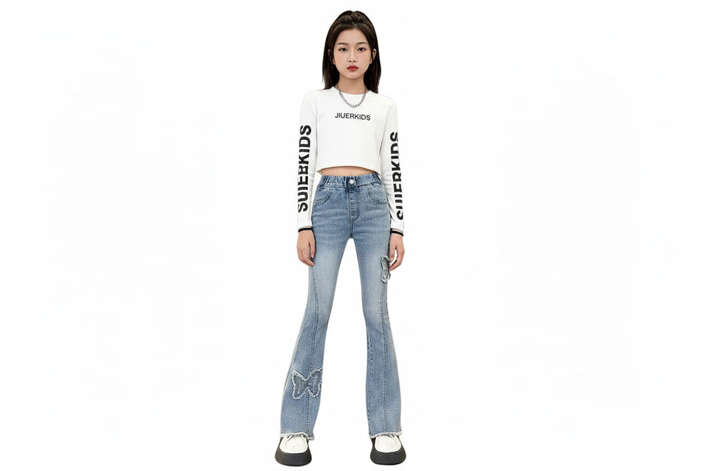 Girls' Butterfly Flare Jeans - Vintage Denim Bootcut Pants Ages 7-13