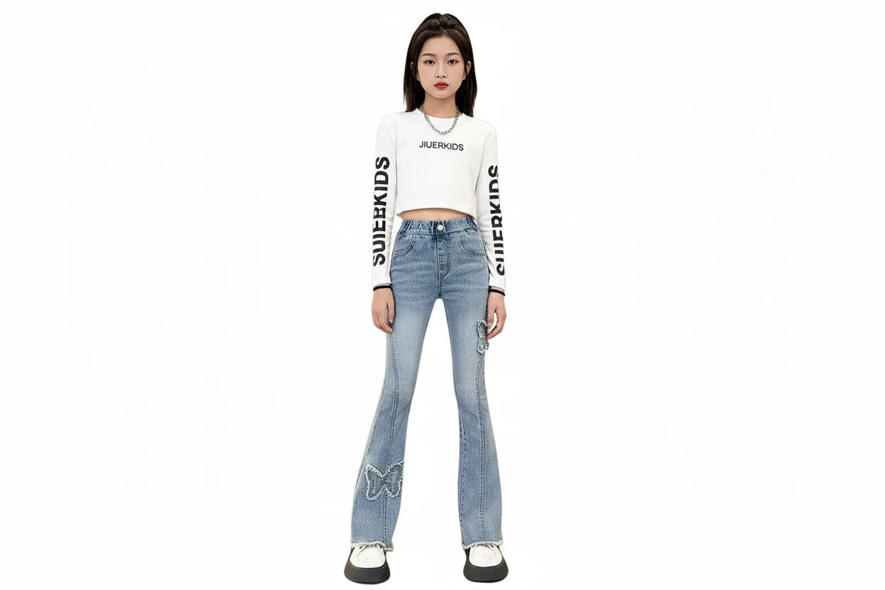 Girls' Butterfly Flare Jeans - Vintage Denim Bootcut Pants Ages 7-13