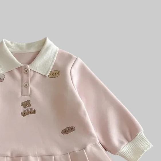 Cute Bear Long Sleeved Pleated Dress - Kidnor